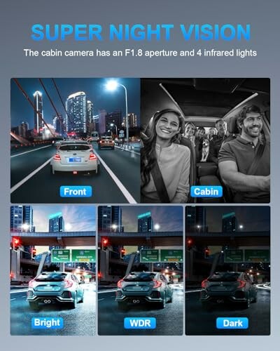 Car camera showing front and cabin views with night vision capabilities.