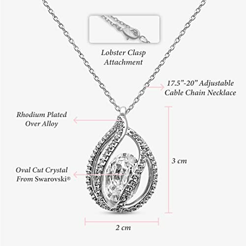 Rhodium plated necklace with oval cut Swarovski crystal and adjustable chain.