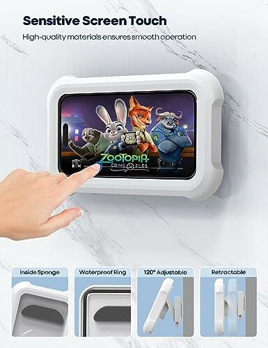 Wall-mounted tablet showing animated characters with touch interaction.