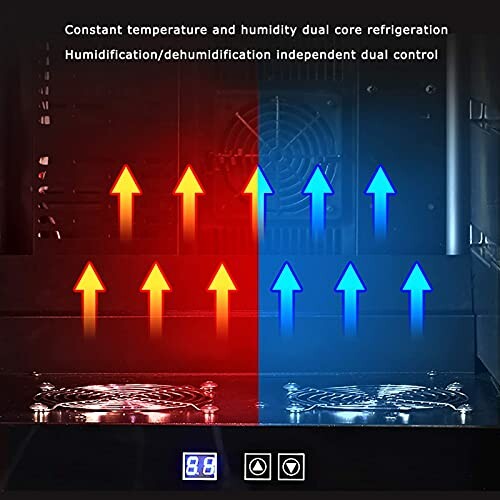 Temperature and humidity dual core control with red and blue arrows.