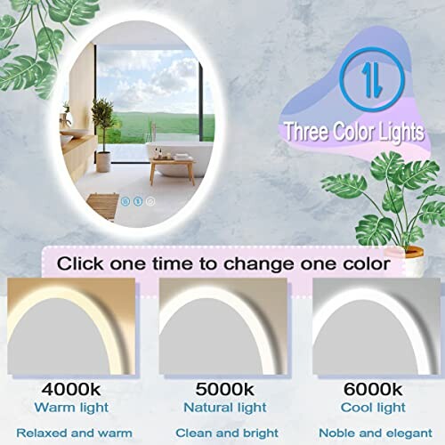 Bathroom mirror with three color light options: warm, natural, and cool light.