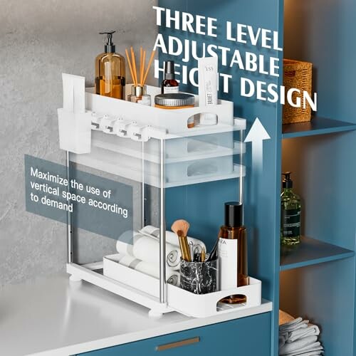 Three-level storage organizer on a kitchen counter with various items.