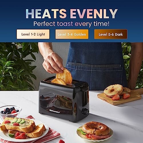 Person using toaster with toast levels chart and breakfast items.