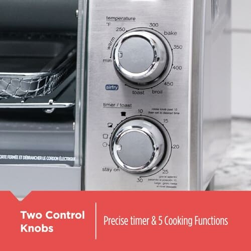Close-up of a toaster oven's temperature and timer knobs with cooking functions.