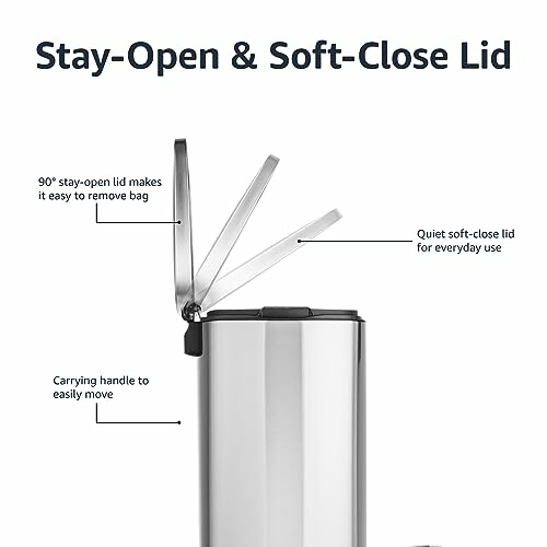 Trash can with stay-open and soft-close lid features.