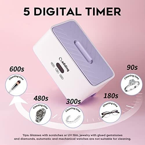 Ultrasonic cleaner with 5 digital timer settings for various items.