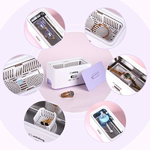 Ultrasonic cleaner with compartments for jewelry, glasses, and accessories.