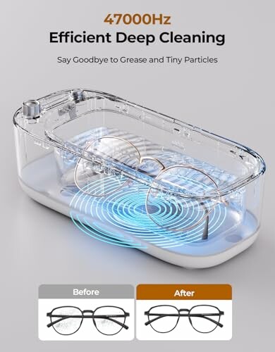 Ultrasonic glasses cleaner with before and after cleaning results.