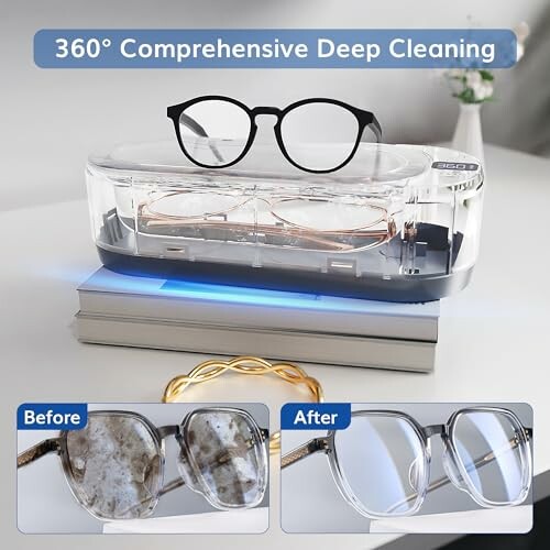 Ultrasonic cleaner with glasses, before and after cleaning comparison.