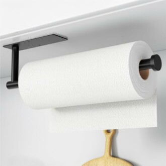 Under-cabinet paper towel holder with a roll of paper towels.