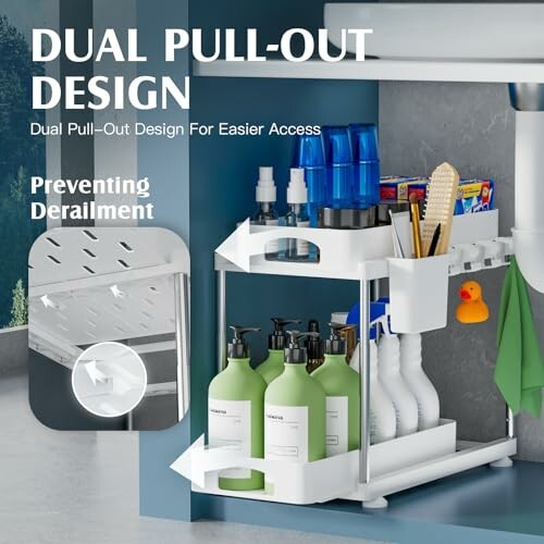 Dual pull-out under-sink organizer with bottles and cleaning items.