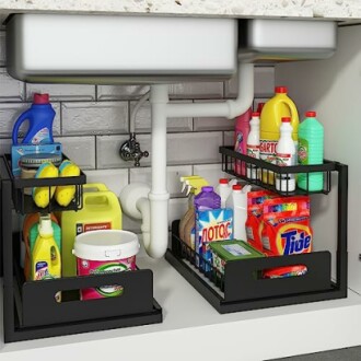 Organized under-sink storage with cleaning supplies