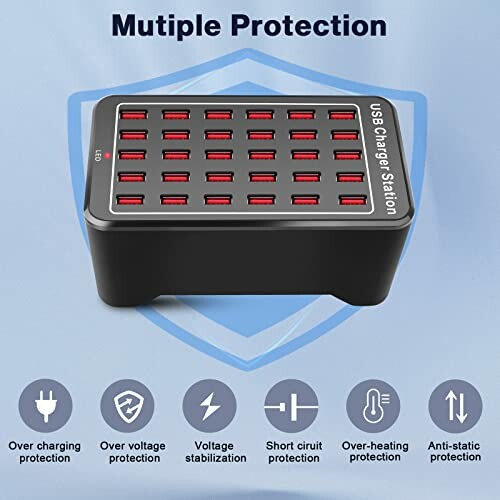 USB charger station with multiple protection features including overcharging, overvoltage, and short circuit protection.