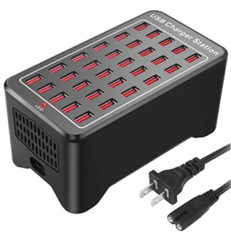 USB charger station with multiple ports and power cable.