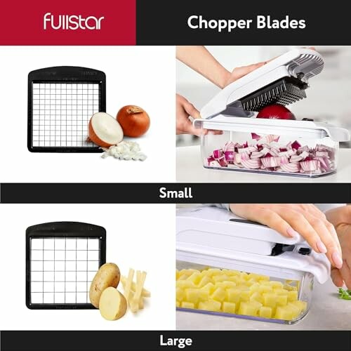 Vegetable chopper blades with diced onions and potatoes.