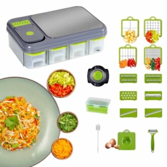 Vegetable chopper set with blades, container, and sliced veggies.