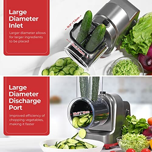 Vegetable slicer with large diameter inlet and discharge port for efficient chopping.