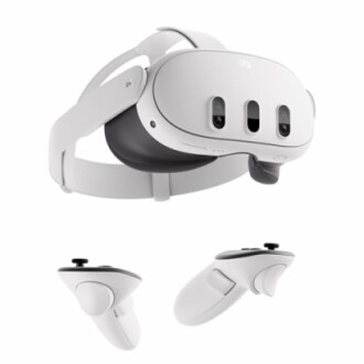 VR headset and controllers on white background