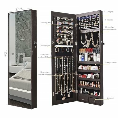 Wall-mounted jewelry cabinet with mirror and storage for earrings, necklaces, and cosmetics.
