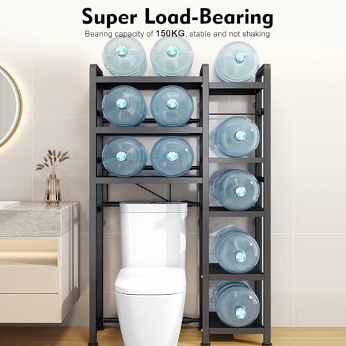Metal storage rack holding multiple large water bottles over a toilet.