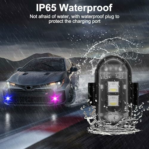 Car driving in rain with waterproof LED light showcasing IP65 rating.