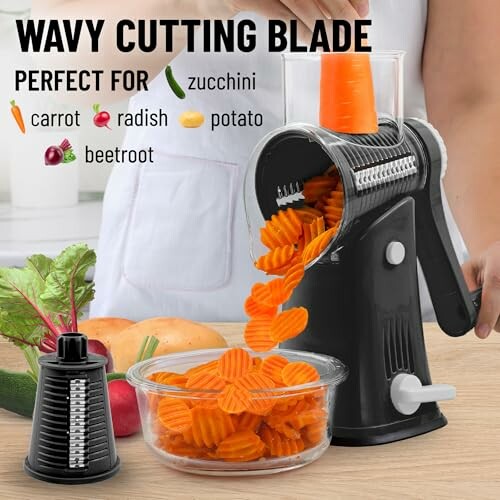 Vegetable slicer with wavy cutting blade, slicing carrots into a bowl.