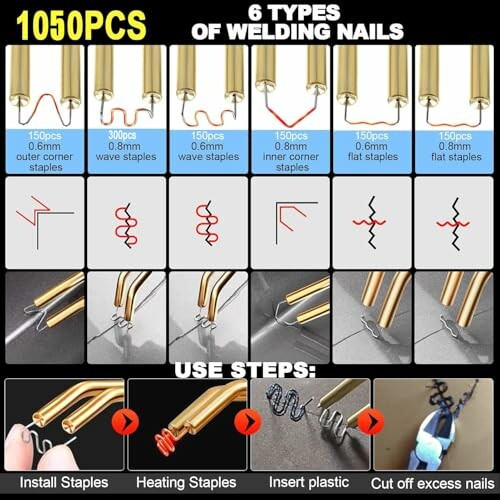 1050pcs welding nails kit with 6 types of staples and usage steps.