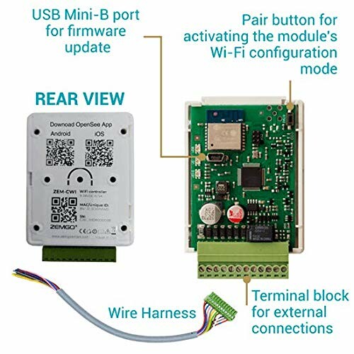 Wi-Fi module rear view with USB port, pair button, and terminal block.
