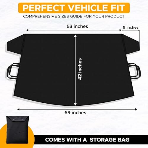 Windshield cover size guide with dimensions and storage bag