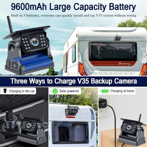 Wireless backup camera with charging options and large capacity battery.