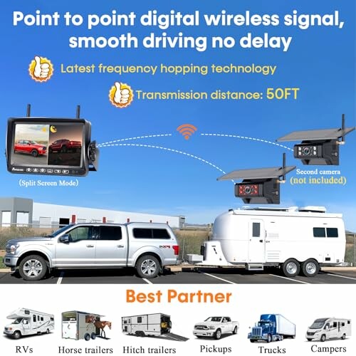 Digital wireless camera system for vehicles with split screen mode and 50ft transmission distance.