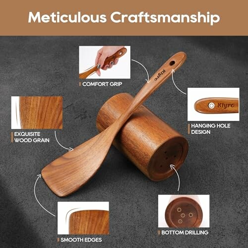 Wooden spatula showcasing comfort grip, exquisite wood grain, smooth edges, hanging hole design, and bottom drilling.