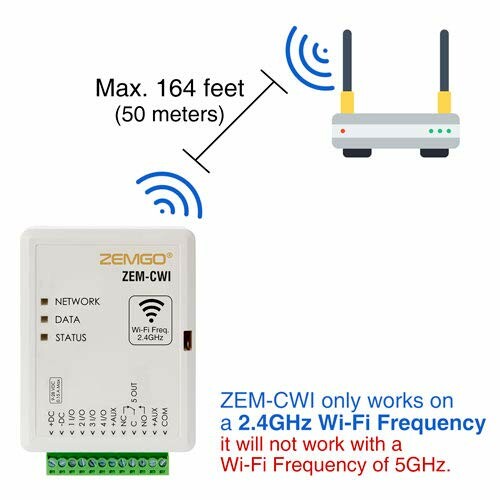 ZEM-CWI Wi-Fi device with 164 feet range and 2.4GHz frequency compatibility.